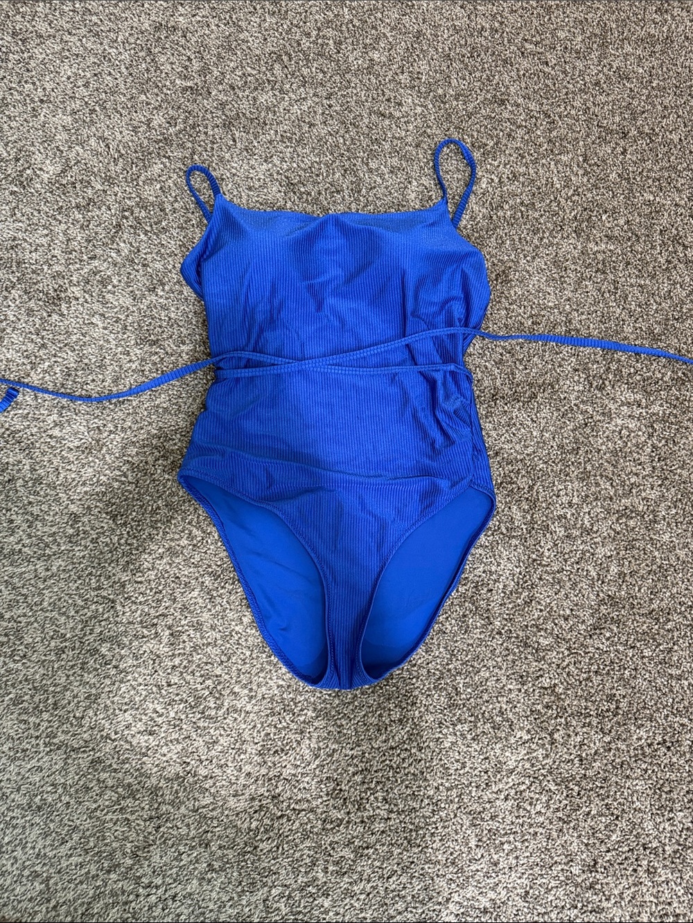 aerie Bright Cobalt Blue Ribbed One-Piece Swimsuit with Waist Tie